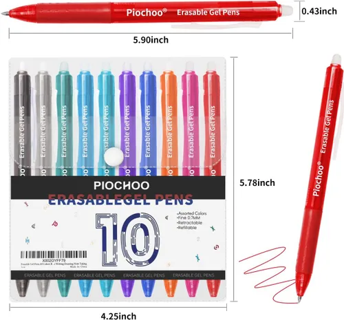 Miniatura 7 de Piochoo Bolígrafos borrables, 10 bolígrafos retráctiles de tinta de gel de colores surtidos, bolígrafos de punta fina de 0.028 in, bolígrafos