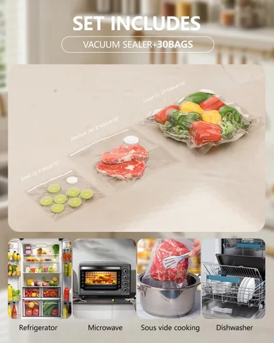 Miniatura 5 de Sellador al vacío para alimentos con 30 bolsas de vacío reutilizables, 6 veces bloqueo de frescura, máquina selladora al vacío portátil inalámbrica