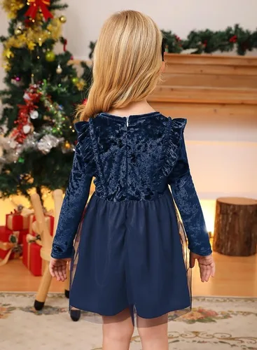 Miniatura 6 de IIMMER Vestido midi de tul de manga larga con volantes de terciopelo para niñas pequeñas de Navidad