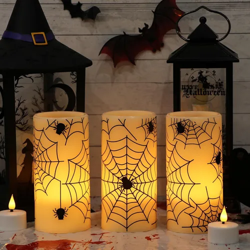 Miniatura 4 de Eldnacele - Velas parpadeantes de Halloween sin llama con temporizador, velas de cera real con calcomanías de telaraña, juego de 3 velas LED
