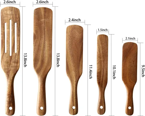 Miniatura 2 de Juego de 5 utensilios de cocina de teca natural, resistentes al calor, antiadherentes, con agujero para colgar, espátula ranurada para agitar