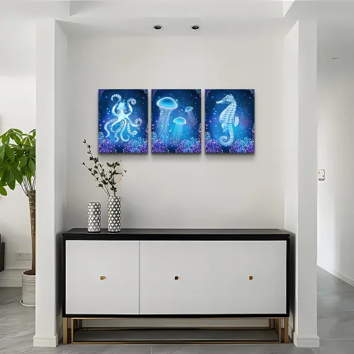 Miniatura 8 de Lienzo con temática de vida oceánica azul, pinturas artísticas de pared para sala de estar, obras de arte de pared, animales marinos, caballo