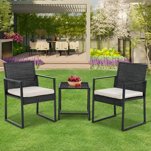Miniatura 2 de PayLessHere Juego de muebles de patio al aire libre de 3 piezas Caqui Moderno juego de bistró de ratán con sillas acolchadas y mesa de centro