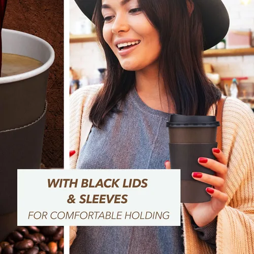 Miniatura 6 de Promora Tazas de café café desechables de 16 onzas con tapas y mangas, tazas de papel prémium (paquete de 100)