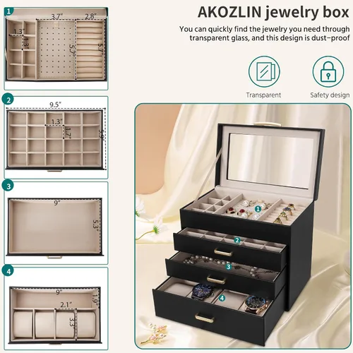 Miniatura 4 de AKOZLIN Joyero organizador de 4 niveles con tapa de vidrio transparente para mujeres y niñas, anillo collar, aretes, pulsera, reloj, color negro