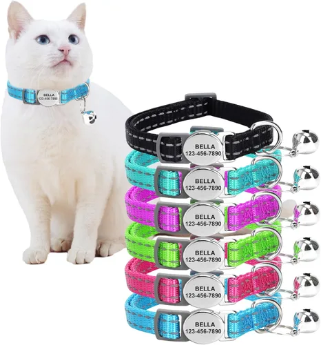 Collar de gato personalizado personalizado con grabado reflectante con nombre y teléfono, ajustable para gatos y gatitos