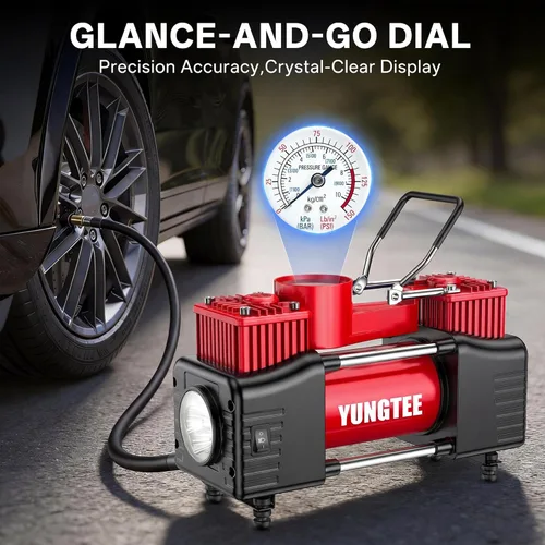 Miniatura 4 de YUNGTEE Inflador de Neumáticos de Servicio Pesado de Doble Cilindro con Accionamiento Directo Bomba de Inflado, Compresor de Aire Portátil de 12V