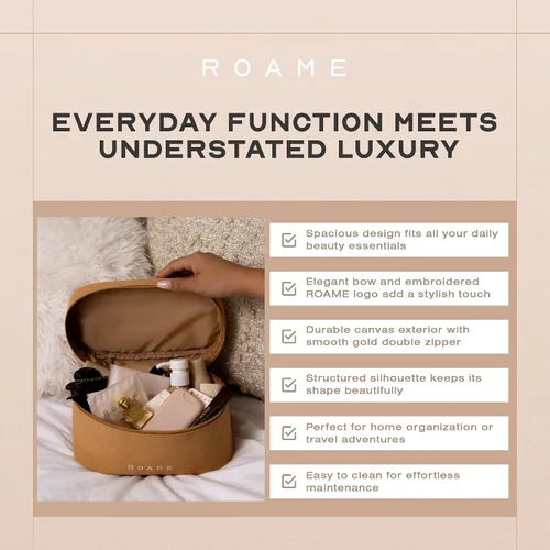 Miniatura 3 de Roame Bolsa de maquillaje para todos los días, bolsa de viaje de lona duradera con cremallera y asa, organizador portátil de artículos de tocador