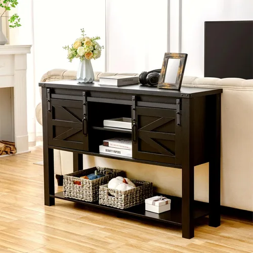 Miniatura 4 de GAZHOME Mesa de entrada con puertas correderas de granero, mesa consola de granja de 46 pulgadas con almacenamiento, mesa de sofá rústica con 2-Negro