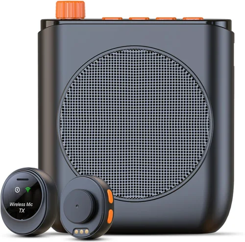 Amplificador de voz inalámbrico mejorado 2026 con 2 micrófonos magnéticos de solapa, altavoz portátil de 15 W con base de carga, micrófono de aula