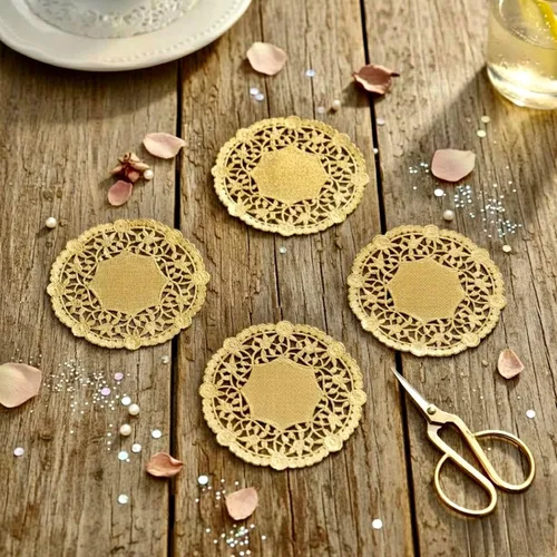 Miniatura 8 de Tapones redondos de papel de encaje de papel dorado de 4 pulgadas, ideales para servir pequeñas golosinas o rodar alrededor de cubiertos