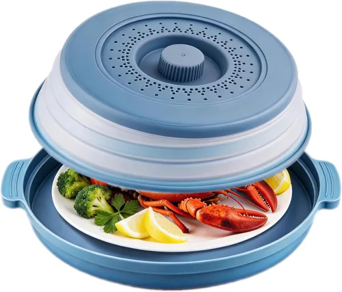 Protector de salpicaduras de silicona plegable con bandeja -Alfombrilla de microondas y cubierta de alimentos se puede utilizar como una cesta de