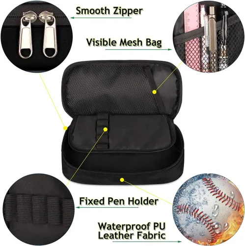 Miniatura 4 de Estuche de cuero blanco de béisbol 3D para lápices, organizador de papelería de gran capacidad, bolsa para lápices con agua y fuego para niños