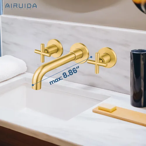 Miniatura 3 de Airuida Grifo de baño de latón macizo con boquilla giratoria 360 para lavabo montado en la pared, grifo mezclador de lavabo con válvula áspera y Oro