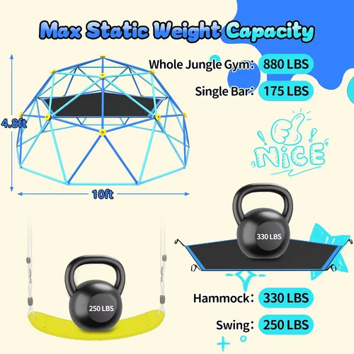 Miniatura 2 de Gardenature - Cúpula de escalada de 10 pies con hamaca y columpio, gimnasio de jungla al aire libre para niños, estructura de escalada de cúpula
