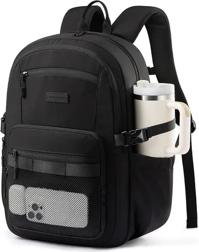 LOVEVOOK Mochila para laptop para mujeres/hombres con correa de hebilla mejorada para portavasos y bolsillo de malla versátil, Negro, 15,6 pulg.