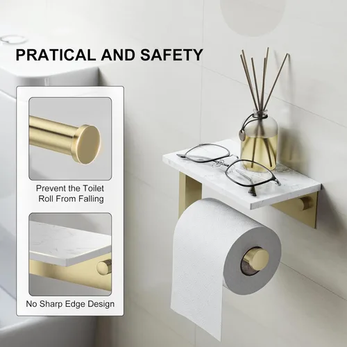 Miniatura 4 de Soporte de papel higiénico dorado cepillado con estante de mármol, soporte de mano de papel higiénico de acero inoxidable 304 montado en la pared