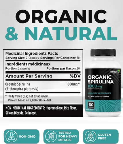 Miniatura 6 de Renew Actives Espirulina orgánica de 1000 mg por 2 cápsulas – Superalimento para hombres y mujeres – Apoya la energía, el bienestar y la función