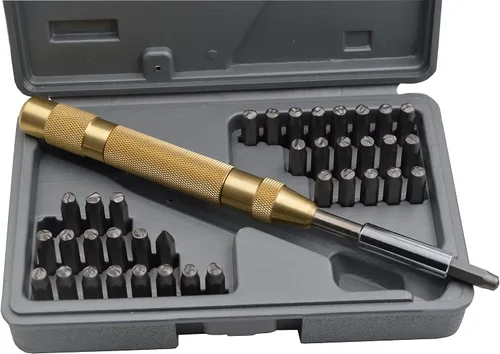 Miniatura 60 de Juego de 27 sellos de acero resistente con letras mayúsculas de 3/64" 1mm, kit de punzones de alfabeto para estampado a mano de caracteres, código