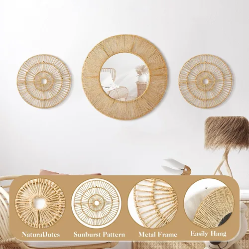Miniatura 4 de Yerliker 3 piezas de espejo bohemio para decoración de pared, espejo redondo tejido de yute natural, espejos decorativos grandes de 19.7 pulgadas