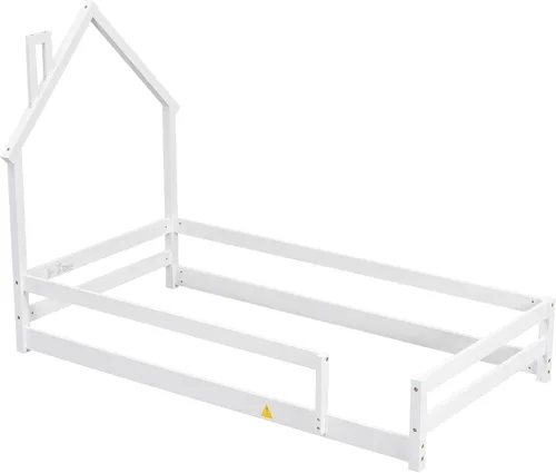 Miniatura 5 de Cama de madera de tamaño individual con cabecera en forma de casa con vallas, altura baja al suelo, para dormitorio de niños y niñas (azul claro-01)