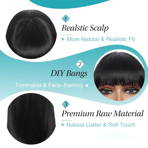 Miniatura 4 de Kalyss - Pelucas cortas de cabello negro con flequillo para mujer, peluca de cabello sintético completo, resistente al calor, peluca corta y recta