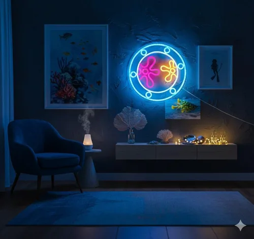 Miniatura 3 de manimo Ocean World Luces de Neón de Ojo de Buey, Letreros de Neón LED de Ojo de Buey Bajo el Mar para Decoración de Pared, Luz Nocturna USB