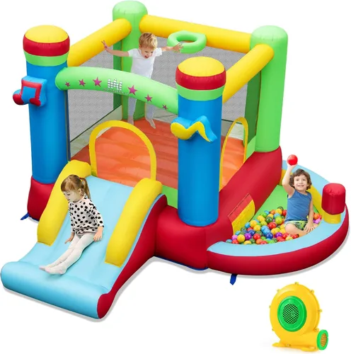 Miniatura 12 de HONEY JOY Casa inflable de rebotes, luna inflable para niños con tobogán, área gigante de saltos, fosa de pelotas oceánicas, aro de baloncesto