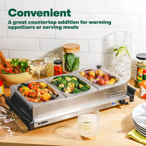 Miniatura 5 de BELLA Servidor de buffet eléctrico triple de 4.5 cuartos de galón, bandeja de calentamiento de alimentos y olla de cocción lenta, estación