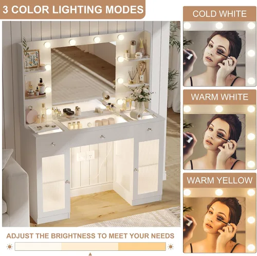 Miniatura 7 de IFSEB Tocador de maquillaje con parte superior de cristal, escritorio blanco con espejo y luces, tocador grande con cajones y armarios