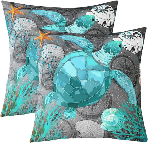 jejeloiu Fundas de cojín de tortuga marina de 18 x 18 pulgadas, juego de 2 fundas de almohada suaves de tortuga de reptil con temática náutica,
