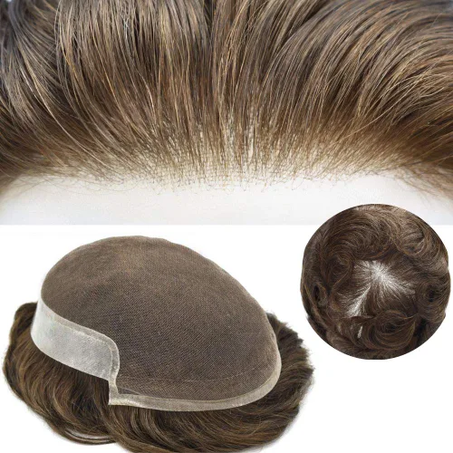 Miniatura 46 de Tupé de encaje suizo para hombres, piezas de cabello humano real, encaje frontal, sistema de reemplazo de cabello tipo tupé, nudo blanqueado, línea