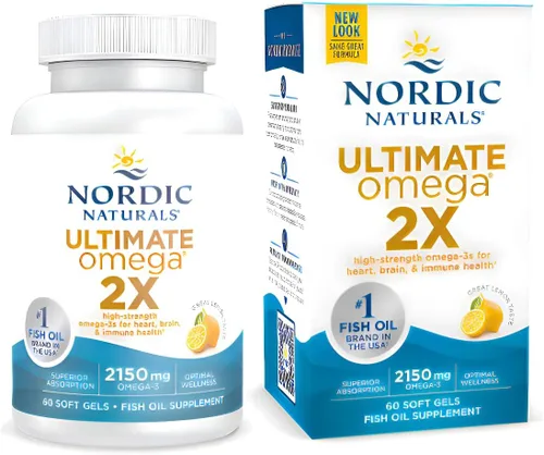 Nordic Naturals Ultimate Omega 2X, sabor a limón, 60 geles suaves, 2150 mg de omega-3, aceite de pescado de alta potencia con EPA y DHA, promueve la