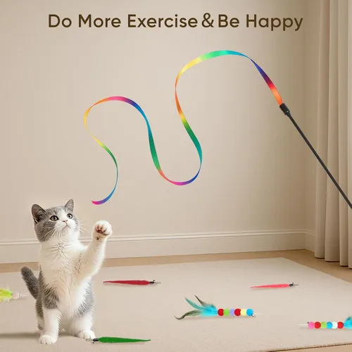 Miniatura 7 de Juguetes para Gatos de Interior, 11 Paquetes Juego de Varita Interactiva para Gatos con Juguetes de Plumas y Recambios de Cinta, Varita Retráctil