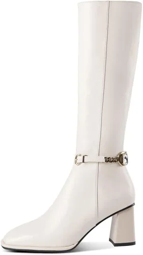 Miniatura 2 de TinaCus Botas altas hasta la rodilla de piel auténtica para mujer, con cierre de cadena, desmontables, con puntera cuadrada