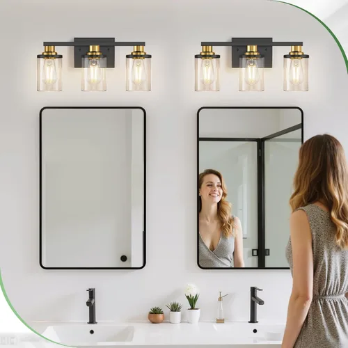 Miniatura 8 de DORESshop Lámparas de baño, 3 luces negras y doradas para baño sobre espejo con pantalla de vidrio transparente, luces de tocador para baño, Negro
