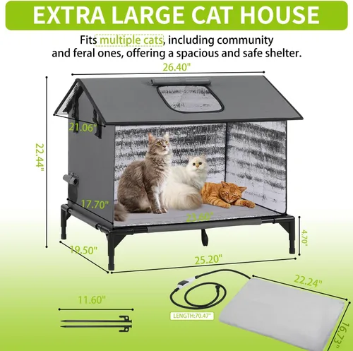 Miniatura 2 de Casa extragrande para gatos al aire libre, resistente a la intemperie, aislada para interiores y exteriores, casa para varios gatos con puerta