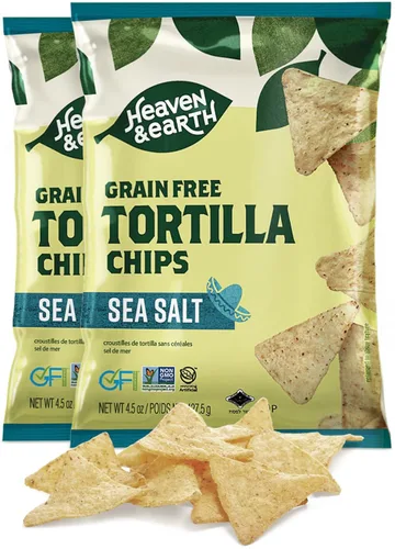 Heaven & Earth Chips de tortilla de sal marina, chips de tortilla sin granos, 4.5 onzas (paquete de 2) | Sin maíz | Sin gluten | Kosher para Pascua