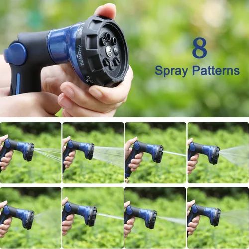 Miniatura 4 de FANHAO Boquilla de manguera de jardín, rociador de manguera de agua de metal 100% resistente con 8 patrones de pulverización, boquilla de Azul