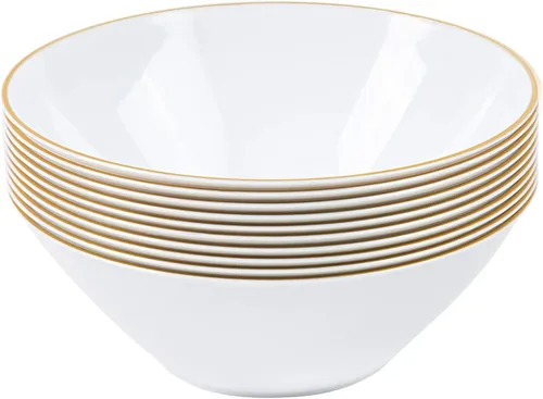 [6 onzas, 40 unidades] Tazones de postre de plástico blanco orgánico para fiesta cuenco de helado con borde dorado Premium pesado elegante vajilla