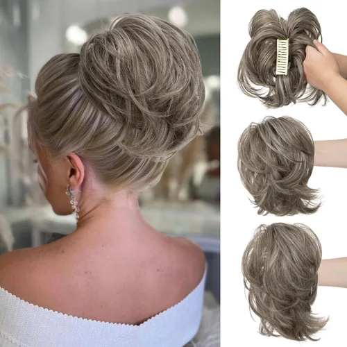 Miniatura 20 de CJL HAIR - Extensiones de cabello con pinza de garra para cola de caballo corta, trenza desordenada, sintéticas, maleables, para mujeres, cabello