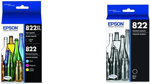 Epson T822 DURABrite Ultra Ink Paquete combinado de cartuchos de color negro y estándar de alta capacidad (T822XL-BCS) y cartucho negro de capacidad