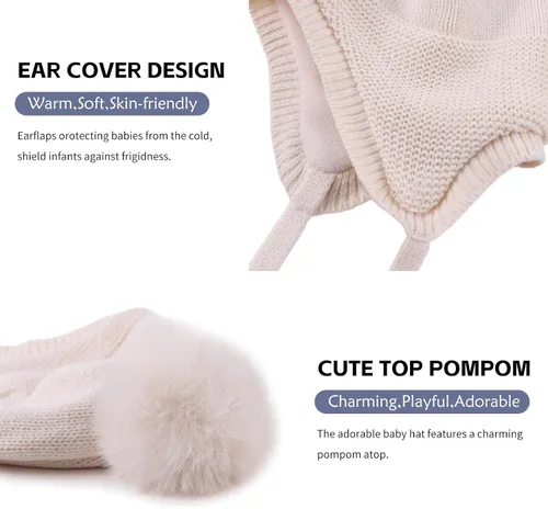 Miniatura 4 de JANGANNSA Básico invierno bebé niños Beanie guantes de punto niñas sombrero con pompón orejeras forro polar cálido niños sombreros mitones