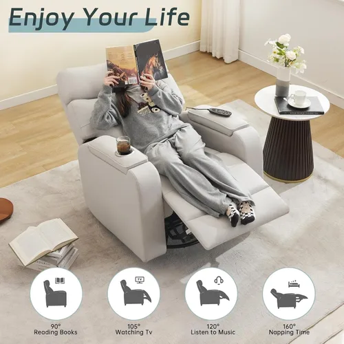 Miniatura 8 de Sillón reclinable giratorio con masaje de calor, sillas reclinables de cuero de gran tamaño, con puerto tipo C, brazos de almacenamiento dobles