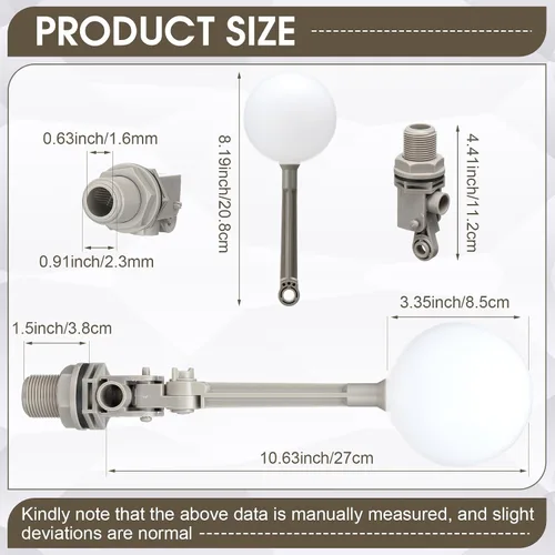 Miniatura 2 de Cinnvoice Paquete de 2 válvulas de flotador de agua con brazo ajustable, bola flotante de agua de 3/4 pulgadas, válvula gris para tanque de apagado