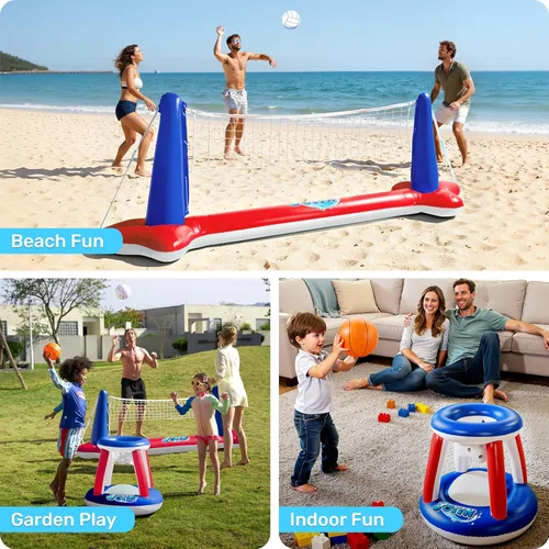 Miniatura 5 de JOYIN - Juego de flotadores inflables para piscina con red de voleibol y aros de baloncesto, pelotas incluidas para niños y adultos, juguete de Rojo