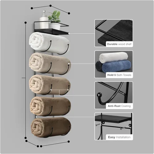 Miniatura 4 de Sorbus Toallero de baño – Toallero de metal de 5 niveles con estante de madera para toallas de baño enrolladas, toallas de baño, ropa de cama