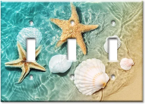 Miniatura 18 de Art Plates - Cubierta de placa de interruptor de luz de metal de 2 bandas - Placa de pared decorativa de dos bandas - Conchas de mar y peces