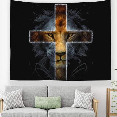 Tapiz de león genial para colgar en la pared, tapiz negro y dorado africano Leo Rey Leo con cruz para niños y niñas, decoración de animales salvajes