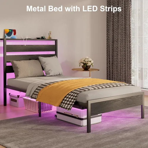 Miniatura 6 de J.Fkne Marco de cama individual con cabecero, cama de plataforma con LED y estación de carga, listones de metal resistentes, no necesita somier, sin